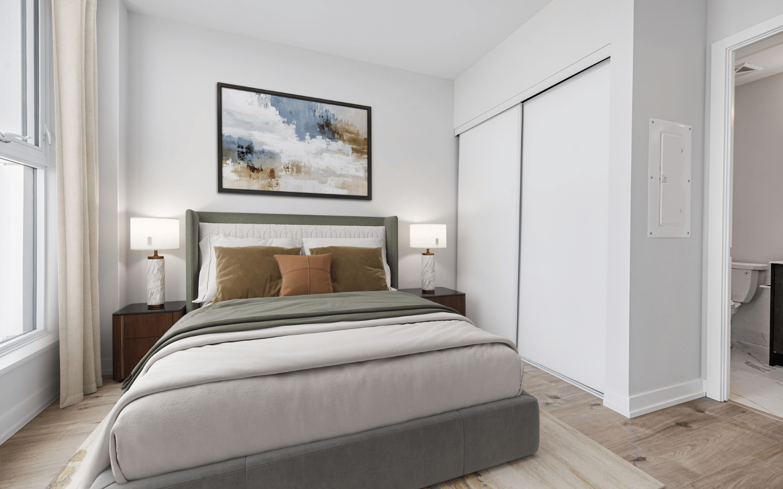 Virtually staged photo of the bedroom in a Wentworth suite at Station No. 3 in Whitby, ON