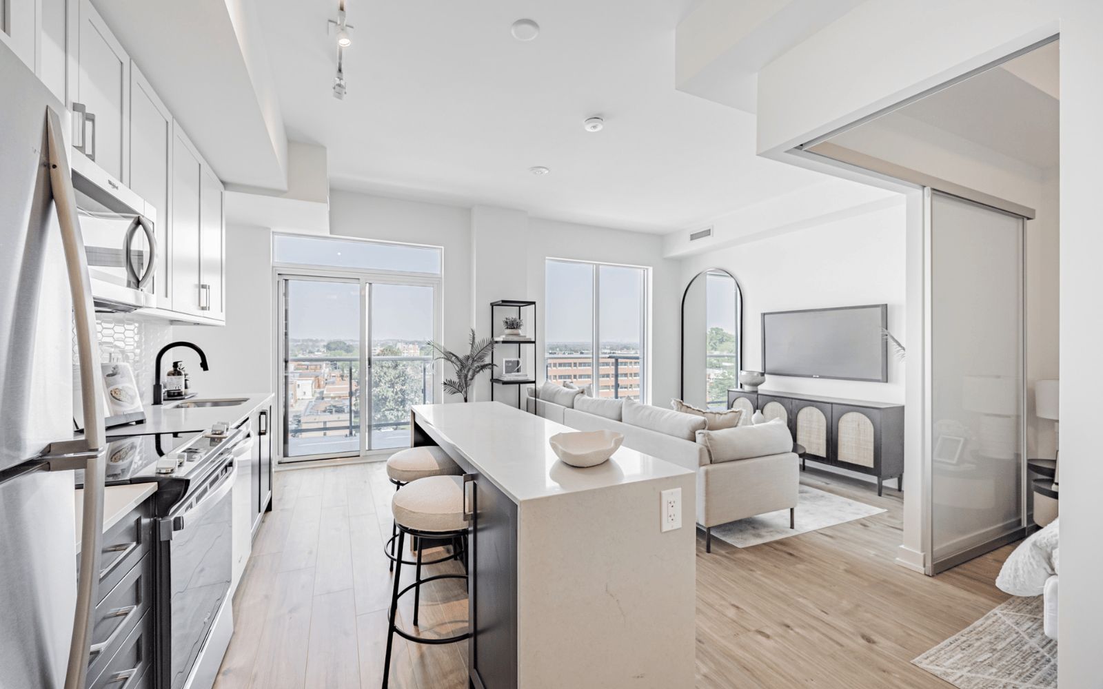 Kitchen and Living Room in a Colborne suite.