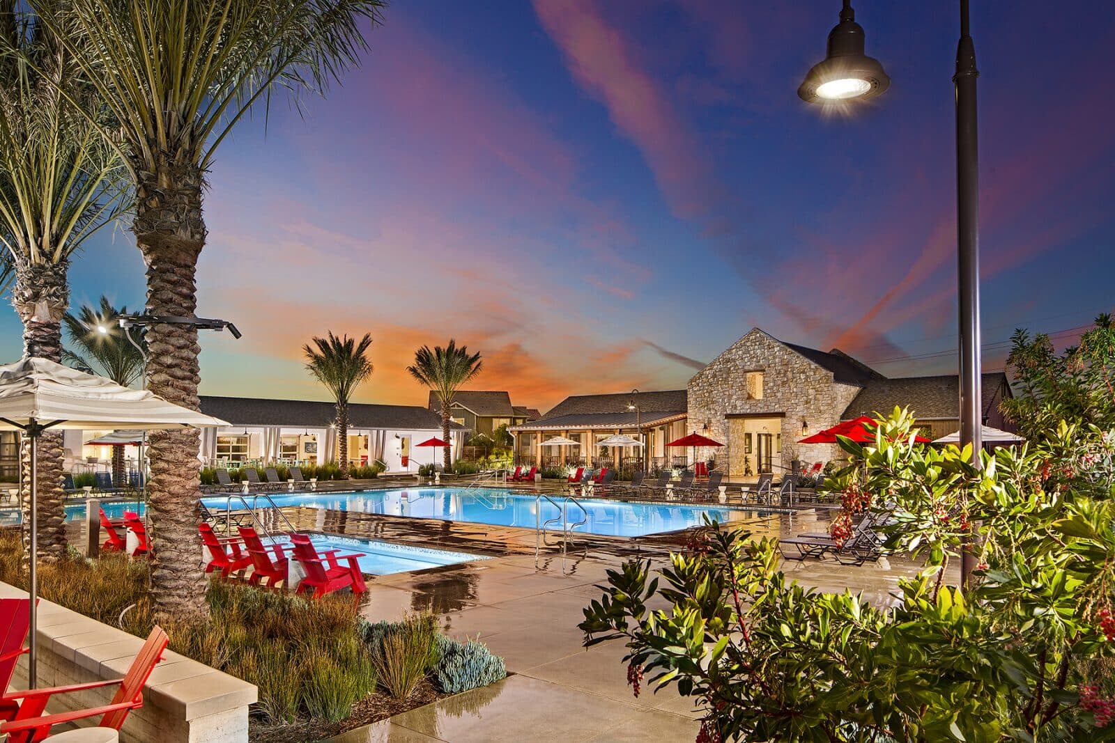 Dusk pool at the Rec Center at New Haven in Ontario Ranch CA Brookfield Residential