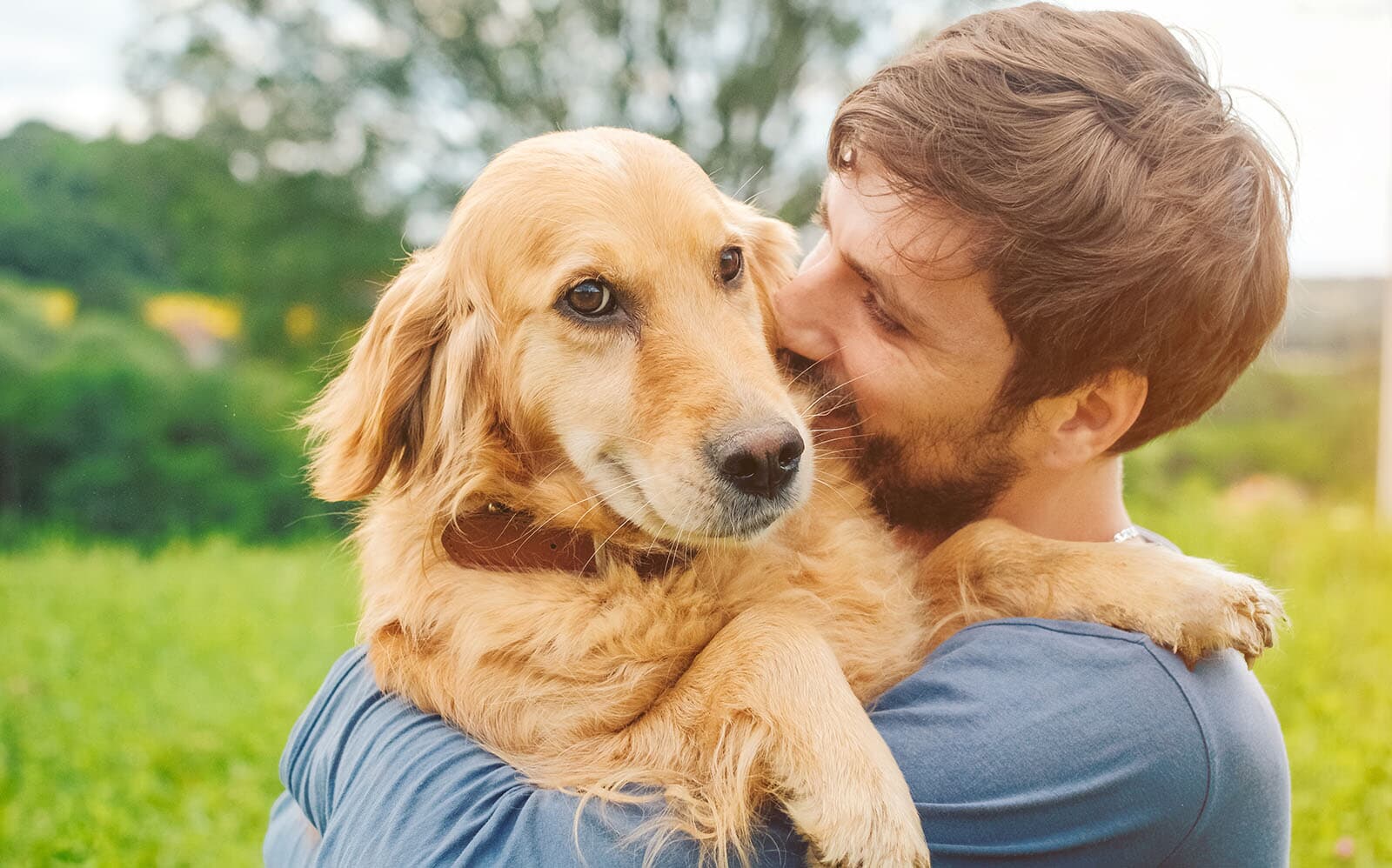 A man holding his golden retriever outside
