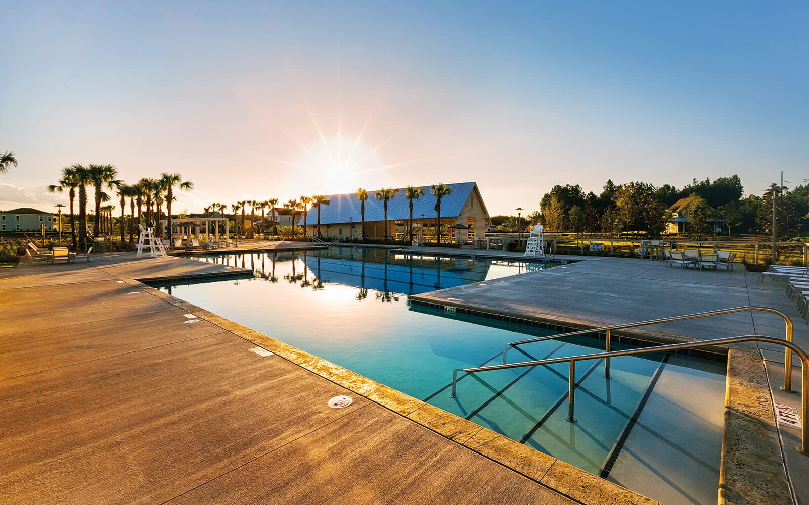 Sunset of the pool at Midtown Club at Nexton
