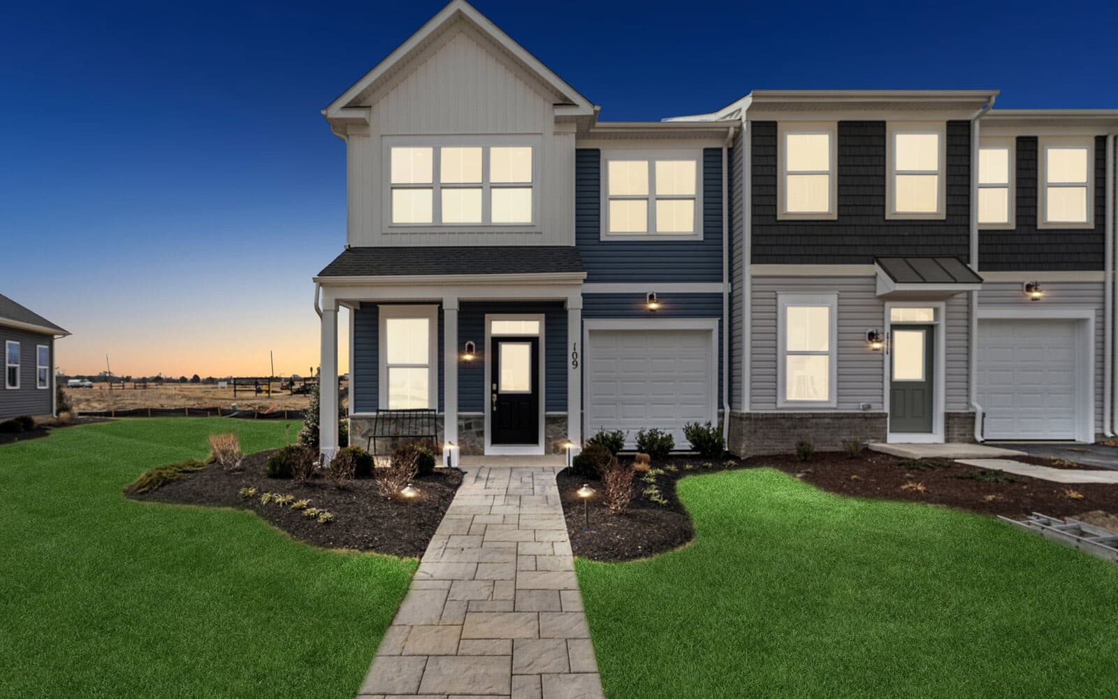 The front angle exterior at dusk of the Northgate by Brookfield Residential.