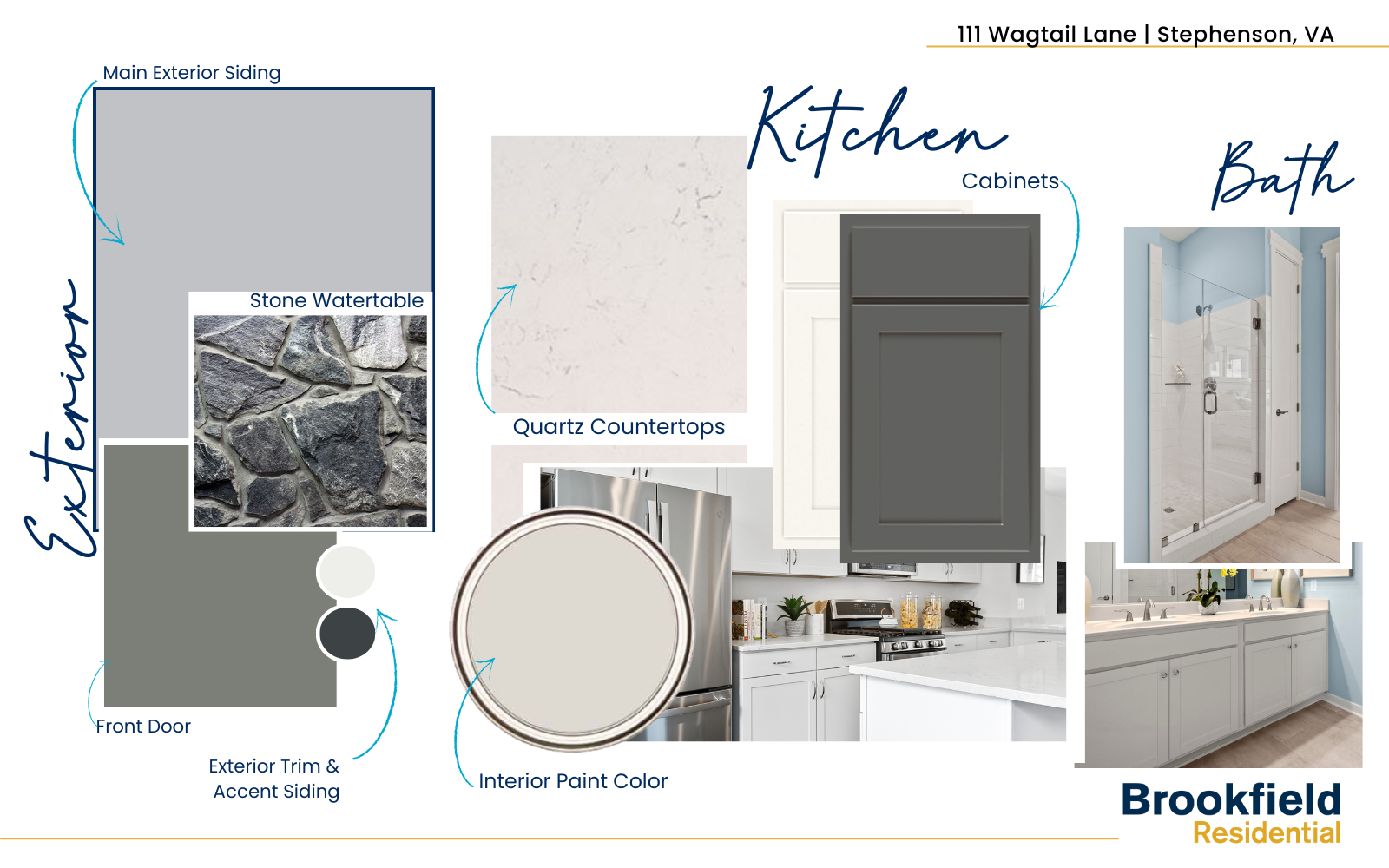 The color selections for the Northgate home on homesite 128 at Hiatt Pointe at Snowden Bridge. 