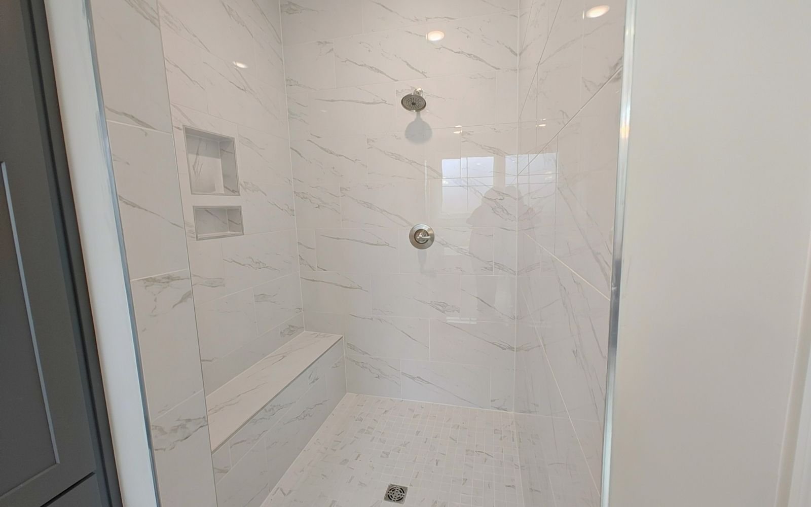 The primary bathroom shower of the Rockwell on homesite 2127 at Hiatt Pointe at Snowden Bridge.