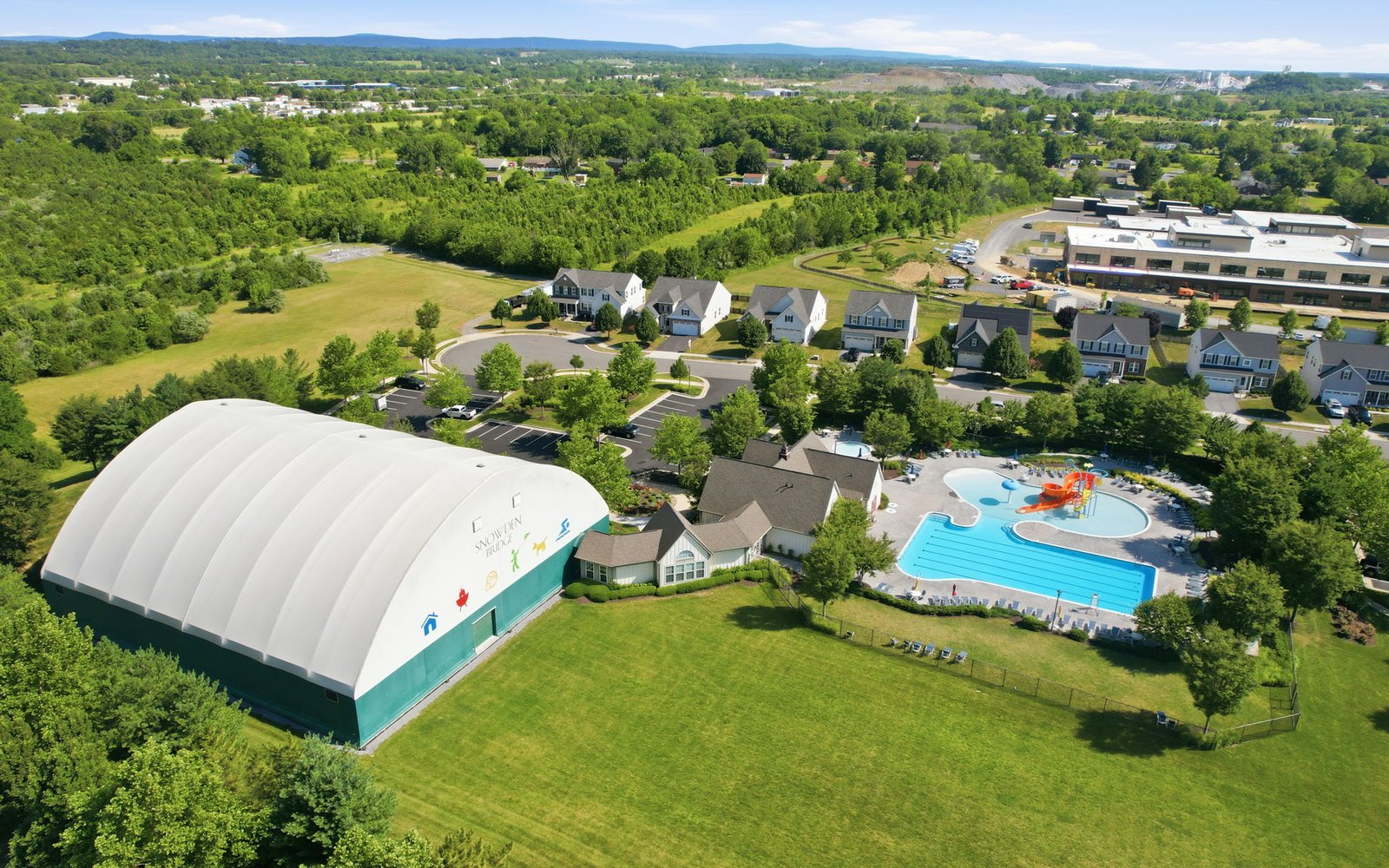An aerial view of the community amenities at Snowden Bridge.