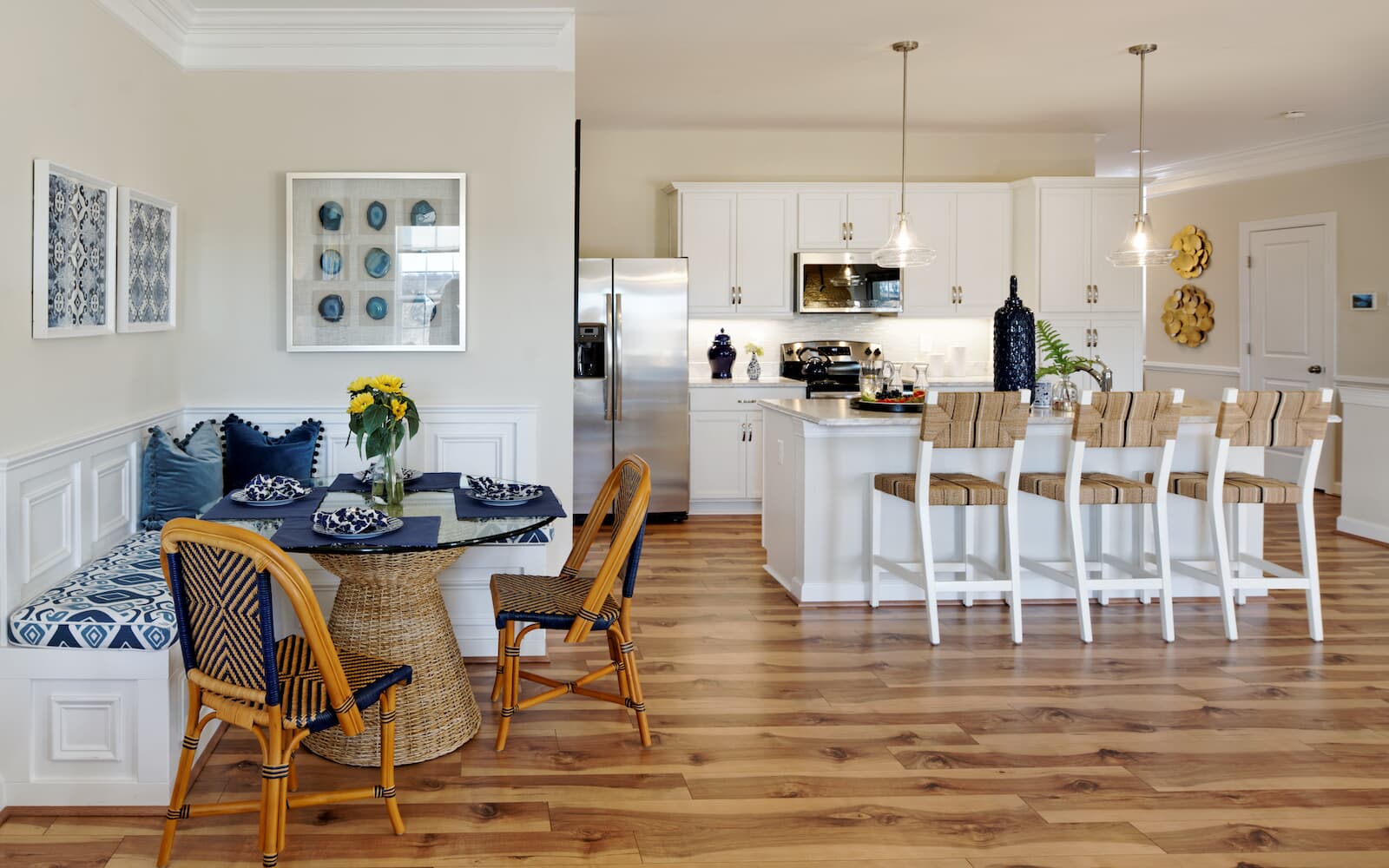 The kitchen and breakfast room in the Pendleton home design by Brookfield Residential in Snowden Bridge