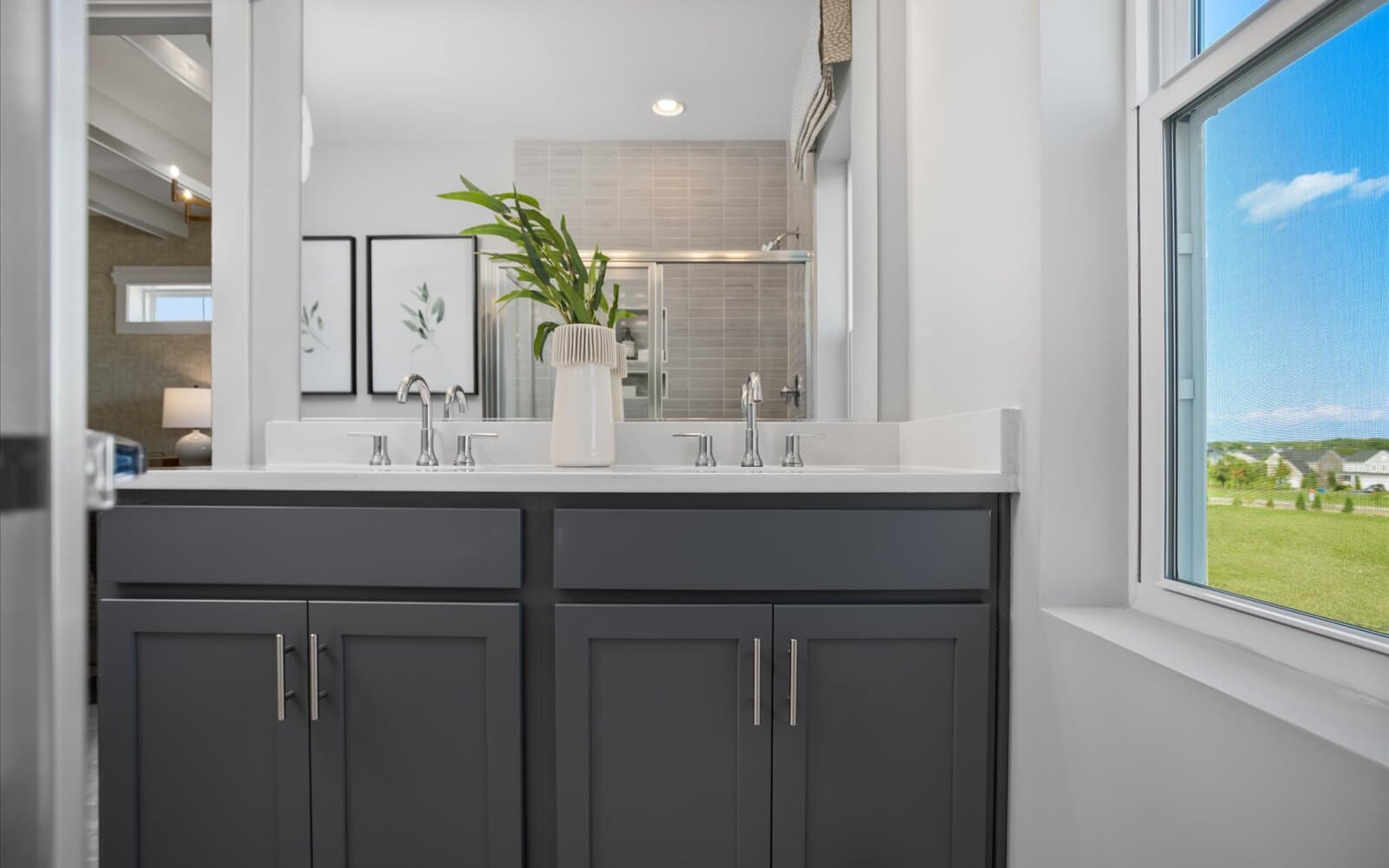 The primary bathroom of the Skyline Townhome at Snowden Bridge.