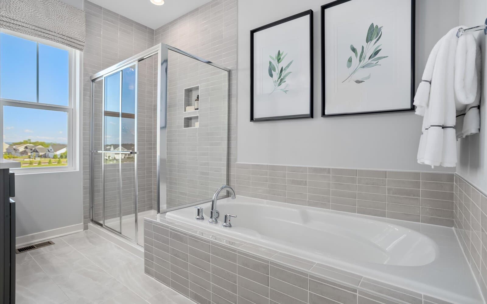 The primary bathroom of the Skyline Townhome at Snowden Bridge.