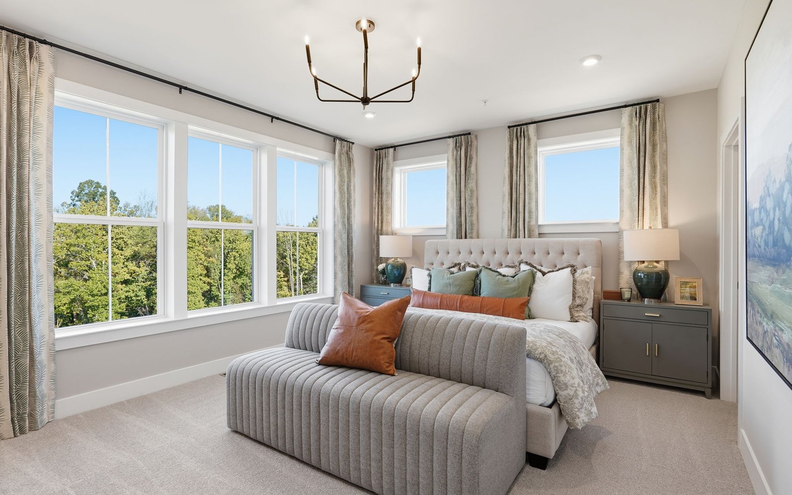 The primary bedroom of the Scarlet by Brookfield Residential.