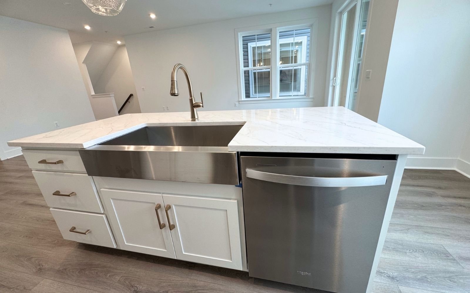 The kitchen island of the Amber on homesite 131 at Cascades at Embrey Mill.