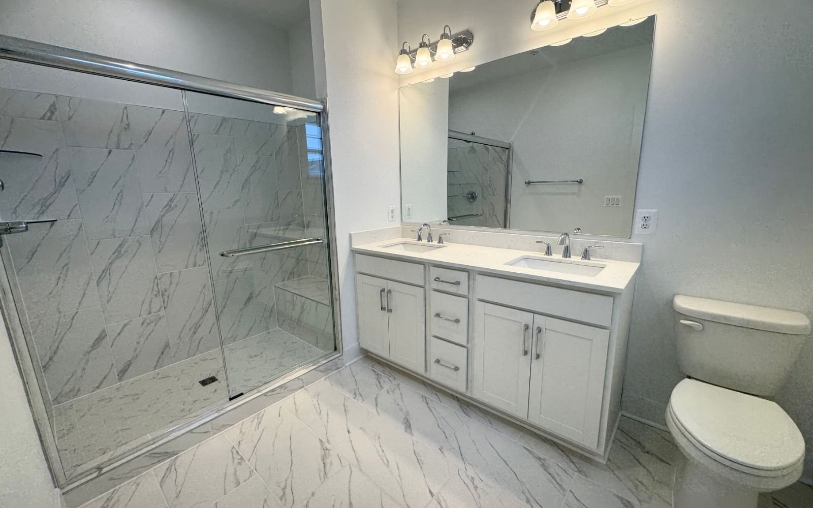 The primary bathroom of the Amber on homesite 135 at Cascades at Embrey Mill.