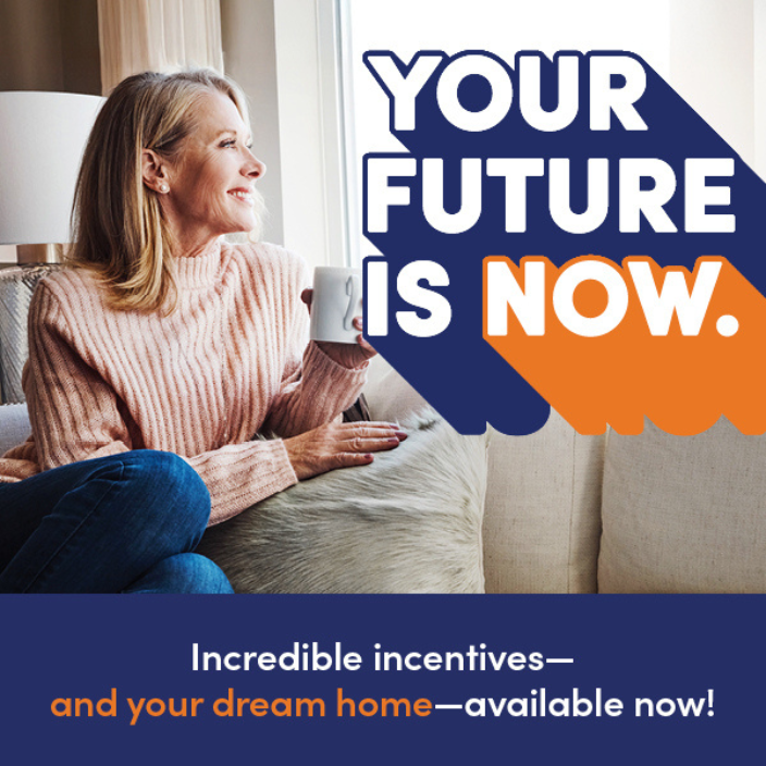 Your Future Is Now. A lady on a sofa drinking coffee. 