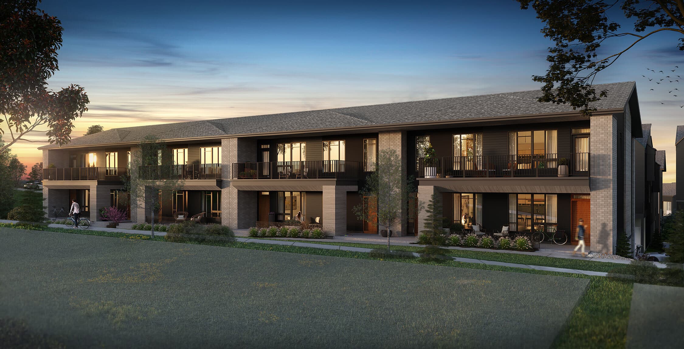 Bungalow Style Townhome An exterior rendering of block 3 in Crown Park by Brookfield Residential