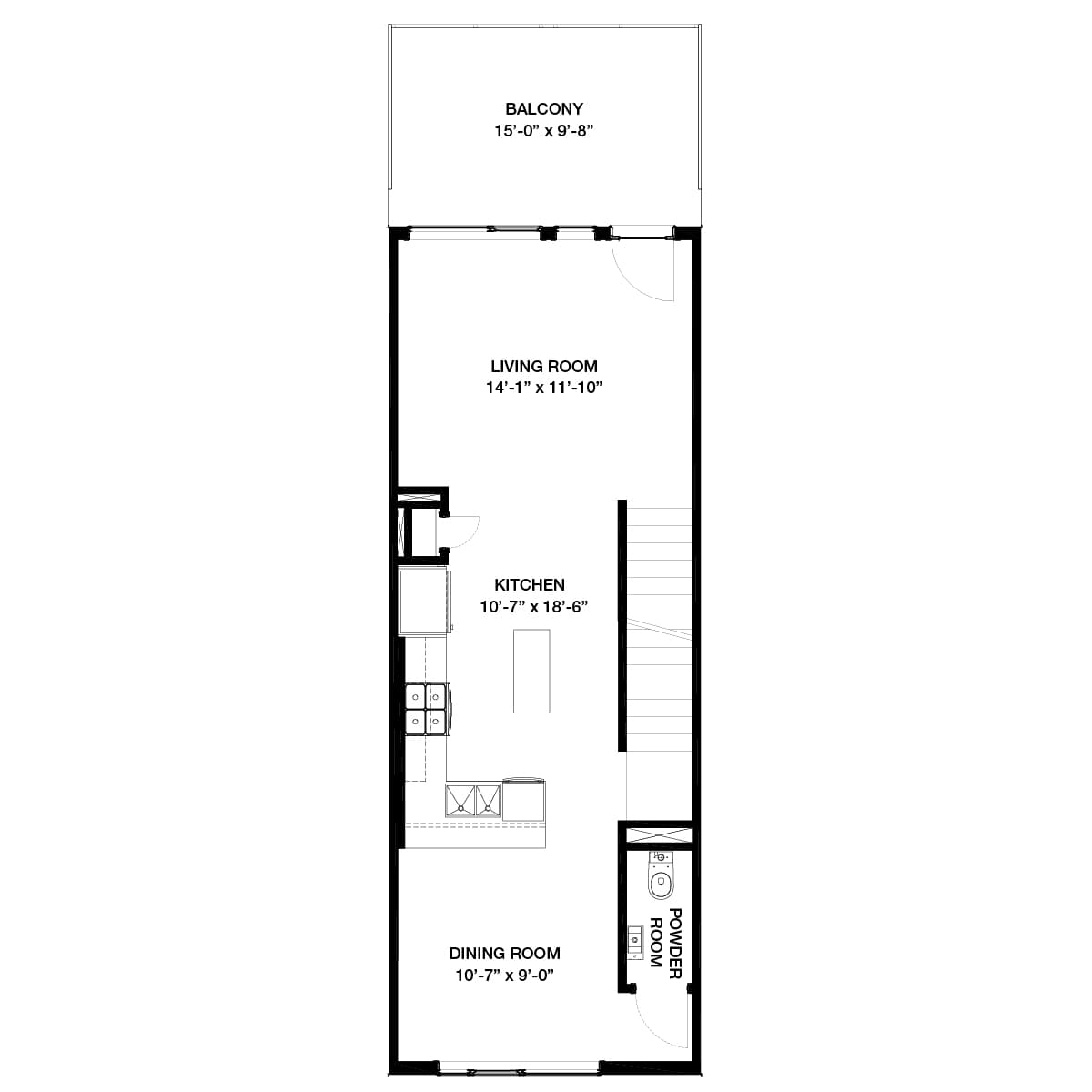 Black line drawing of the main floor of the Alameda model home at Crown Park by Brookfield Residential
