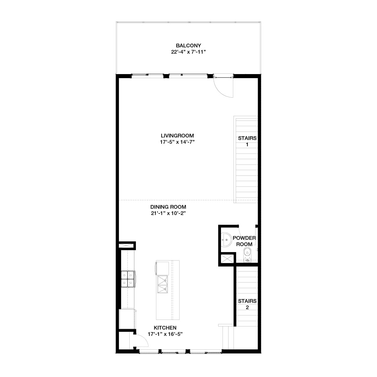 A black line drawing of the Stanley 2 urban rowhome model in Crown Park by Brookfield Residential