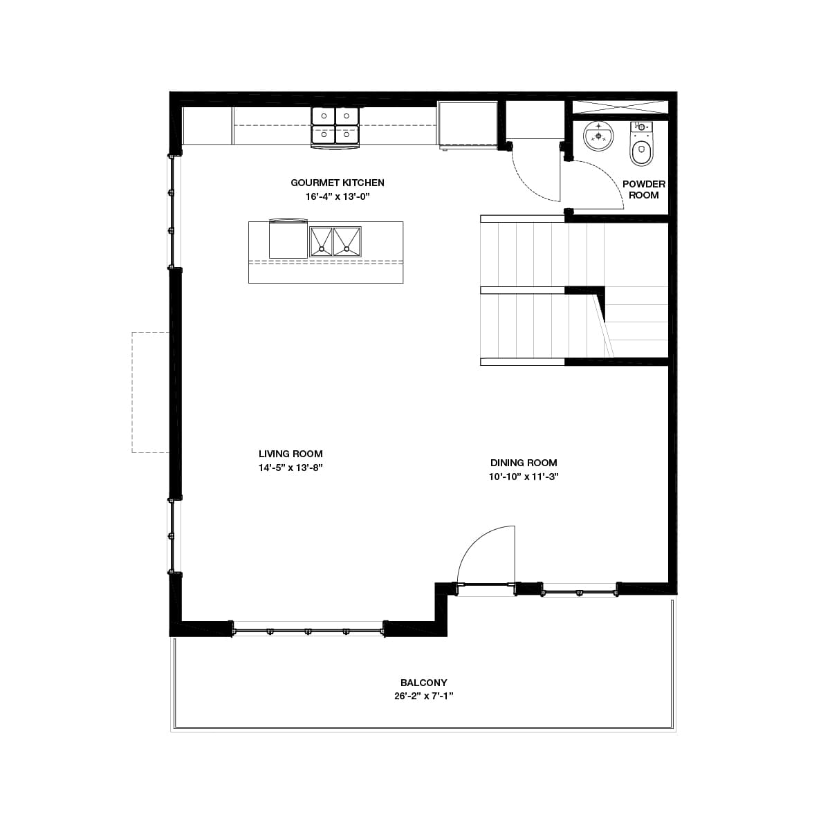 Black line drawing of the main floor of the Torrey model home at Crown Park by Brookfield Residential