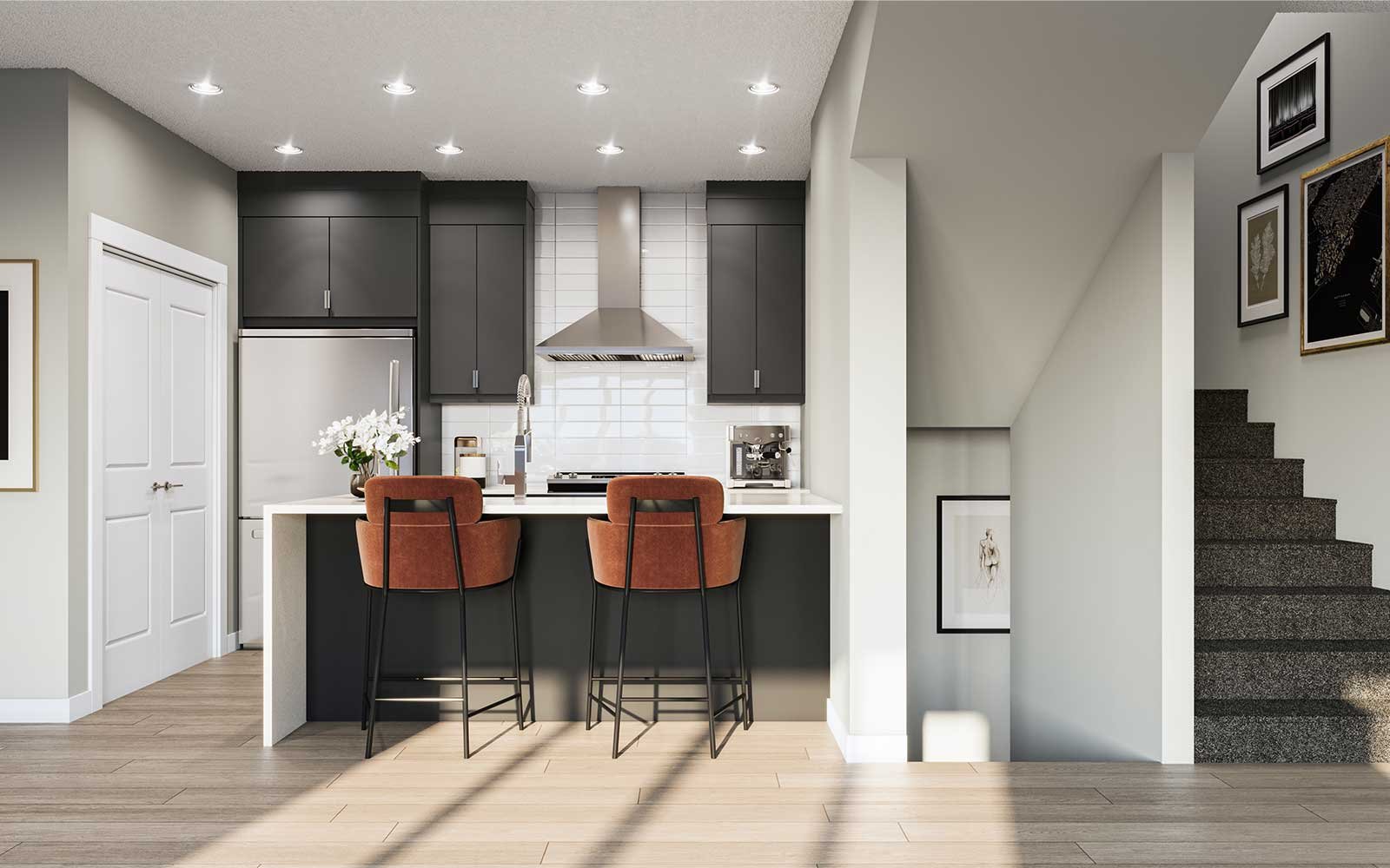 A rendering of the kitchen of the Mahattan model in Crown Park by Brookfield Residential