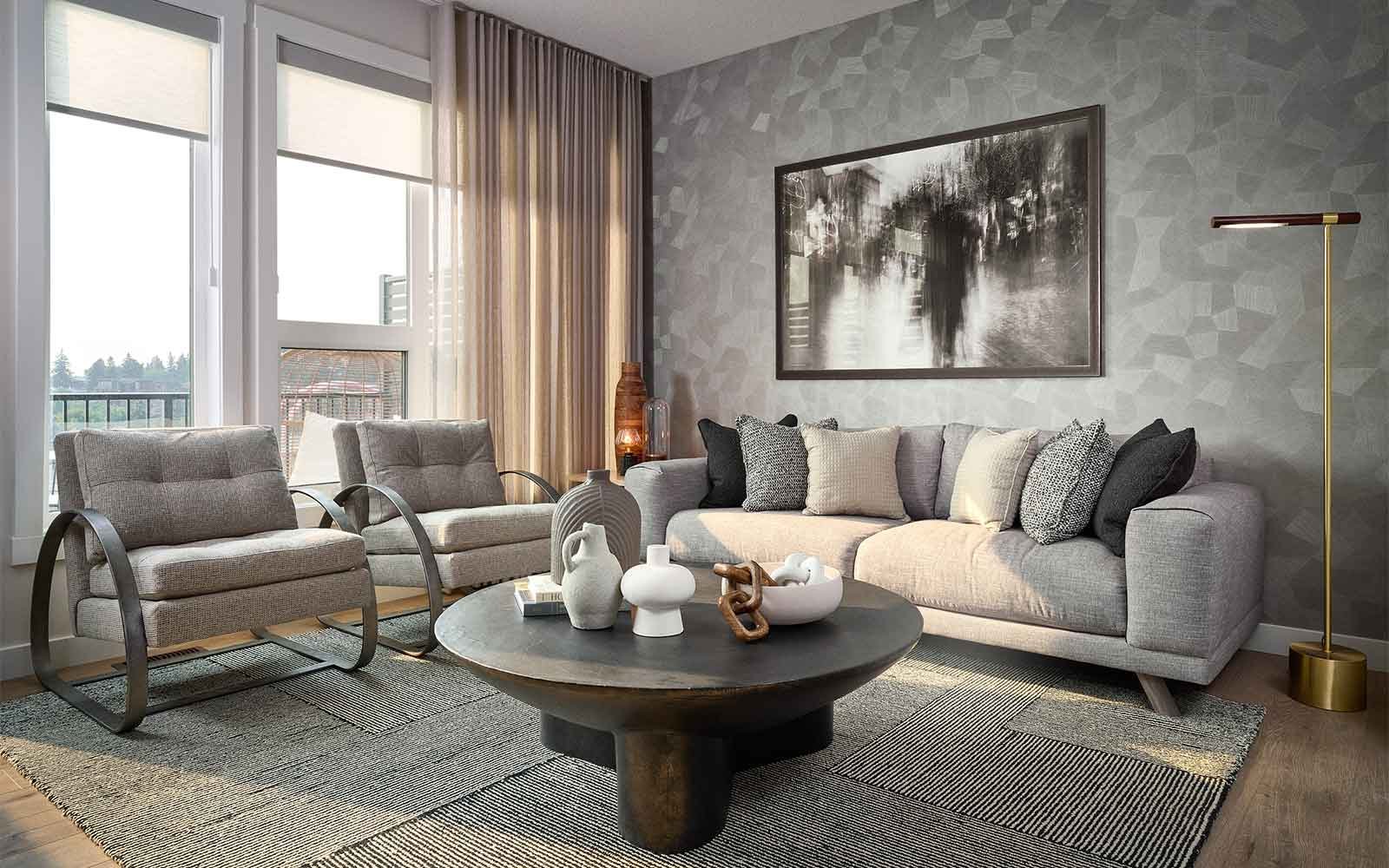 A photo of the great room in the Alameda show home in Crown Park by Brookfield Residential