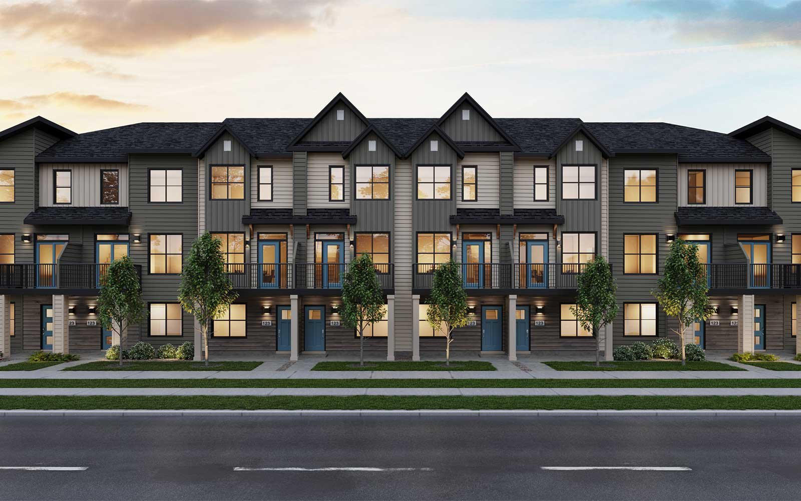 An exterior rendering of the townhomes in the Meridian development by Brookfield Residential