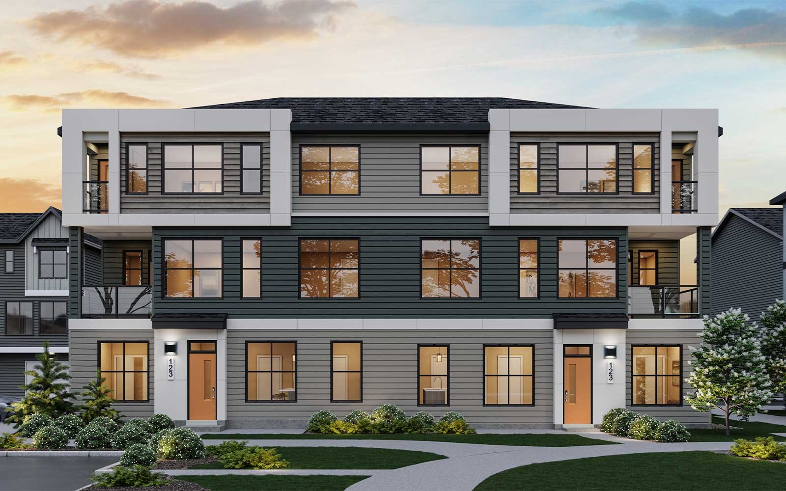 An exterior rendering of the townhomes in the Meridian development by Brookfield Residential