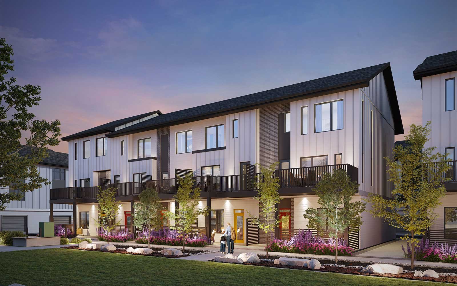 An exterior rendering of a townhome block in Rhythm at Taza Park in Calgary by Brookfield Residential