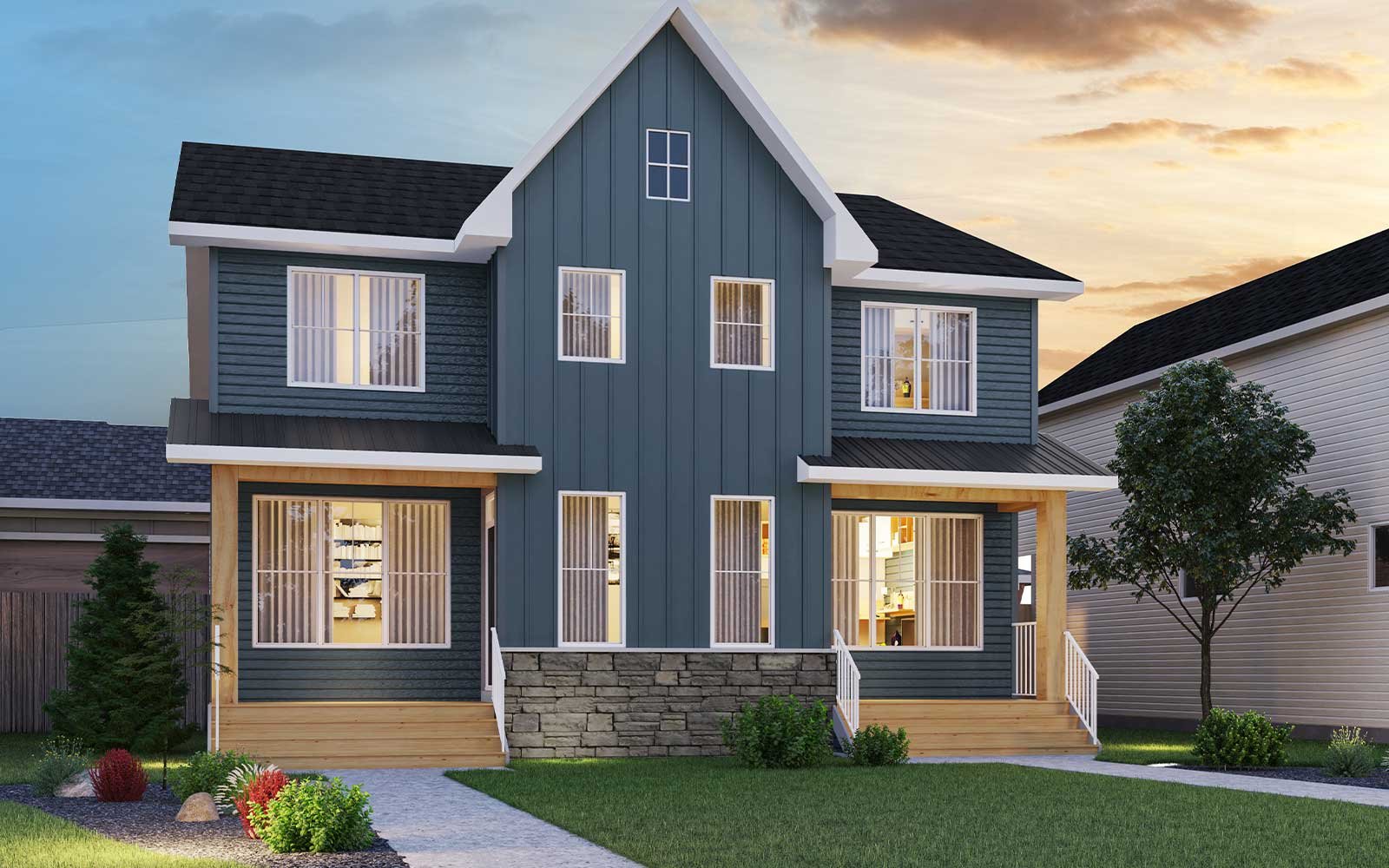 Exterior rendering of the Oak Farmhouse model by Brookfield Residential