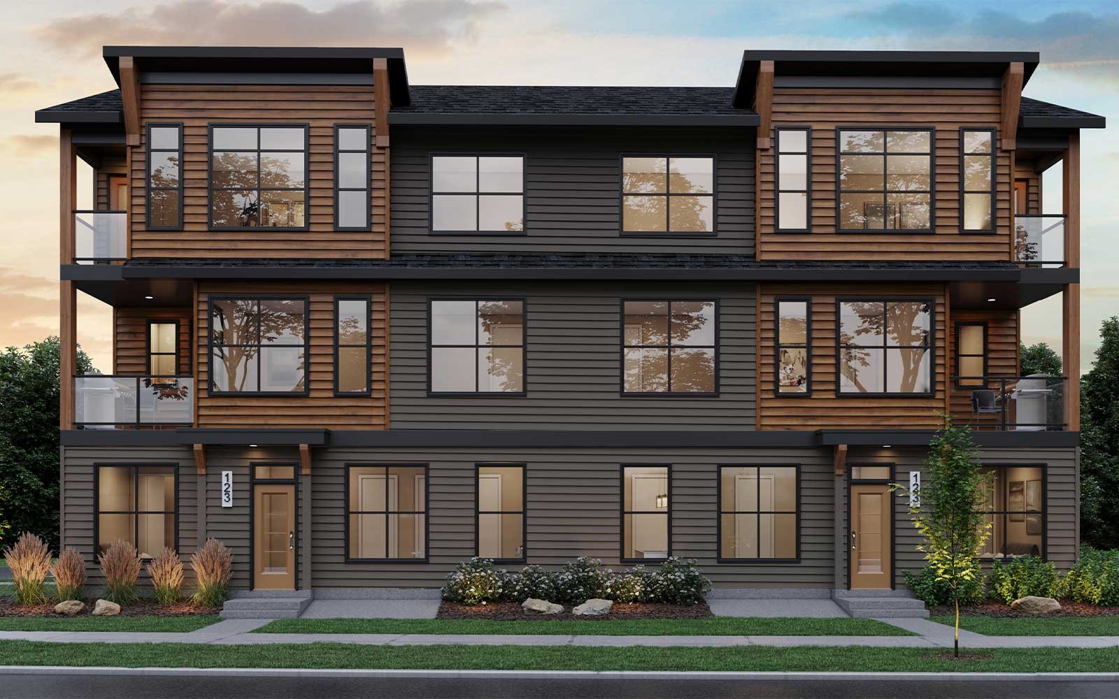 An exterior rendering of the Rustic Contemporary style townhome at Range by Brookfield Residential
