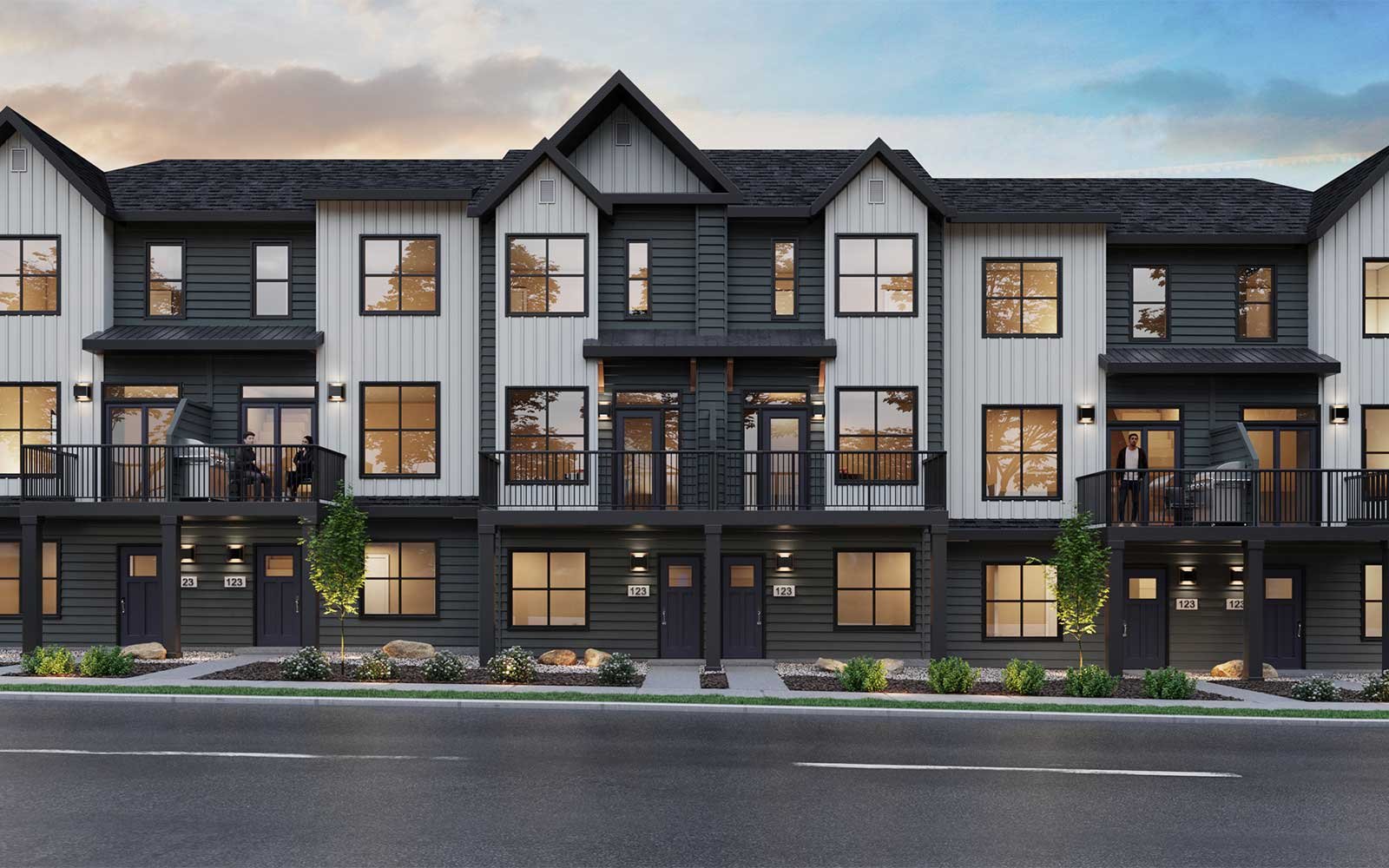 An exterior rendering of the Farmhouse style townhome at Range by Brookfield Residential