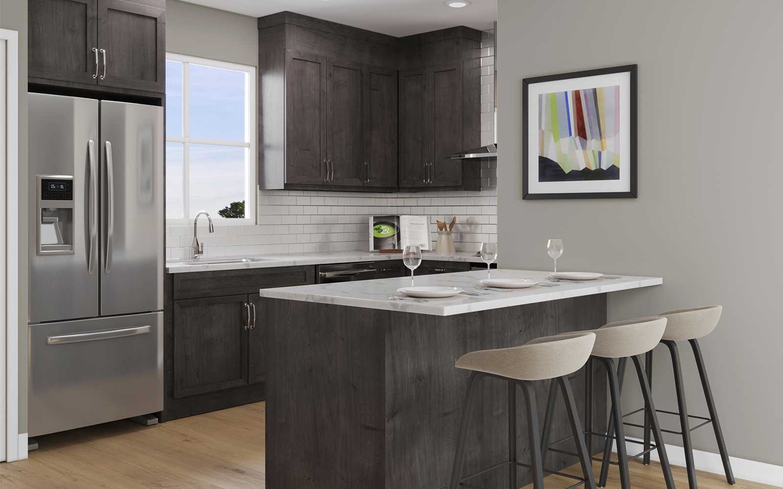 A rendering of the kitchen and eating bar of the Gillespie model in Seton by Brookfield Residential