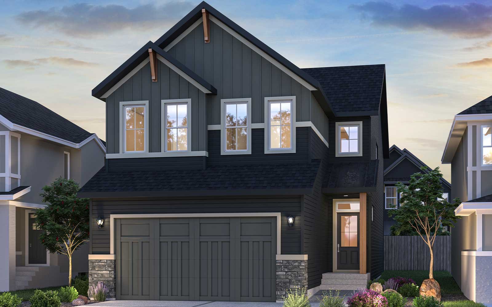 An exterior rendering of the Prairie style of the Robson 26 model by Brookfield Residential