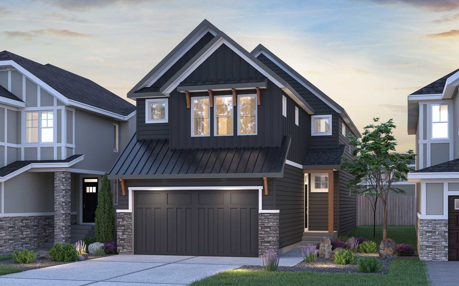 An exterior rendering of the Farmhouse style of the Purcell 24 model by Brookfield Residential