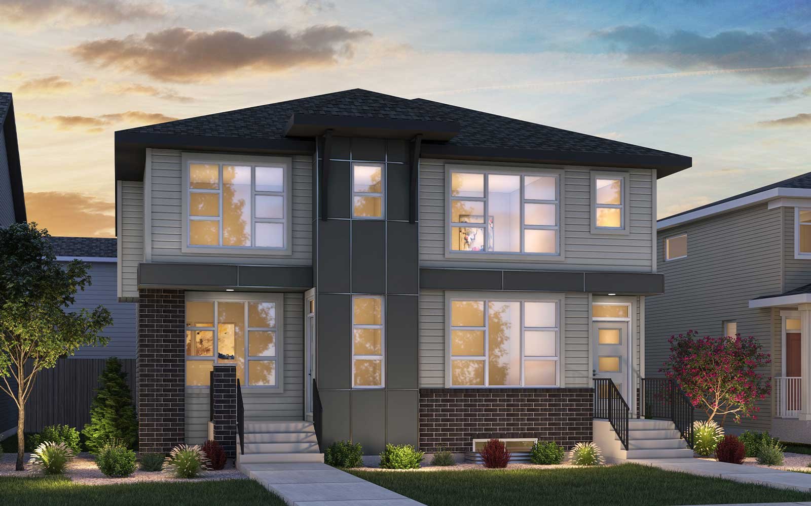 An exterior rendering of the Prairie style of the Oak-Wicklow and Alder model by Brookfield Residential