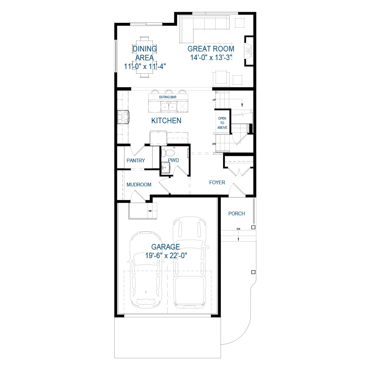 A blackline drawing of the Rundle 2 - 26 front garage model by Brookfield Residential