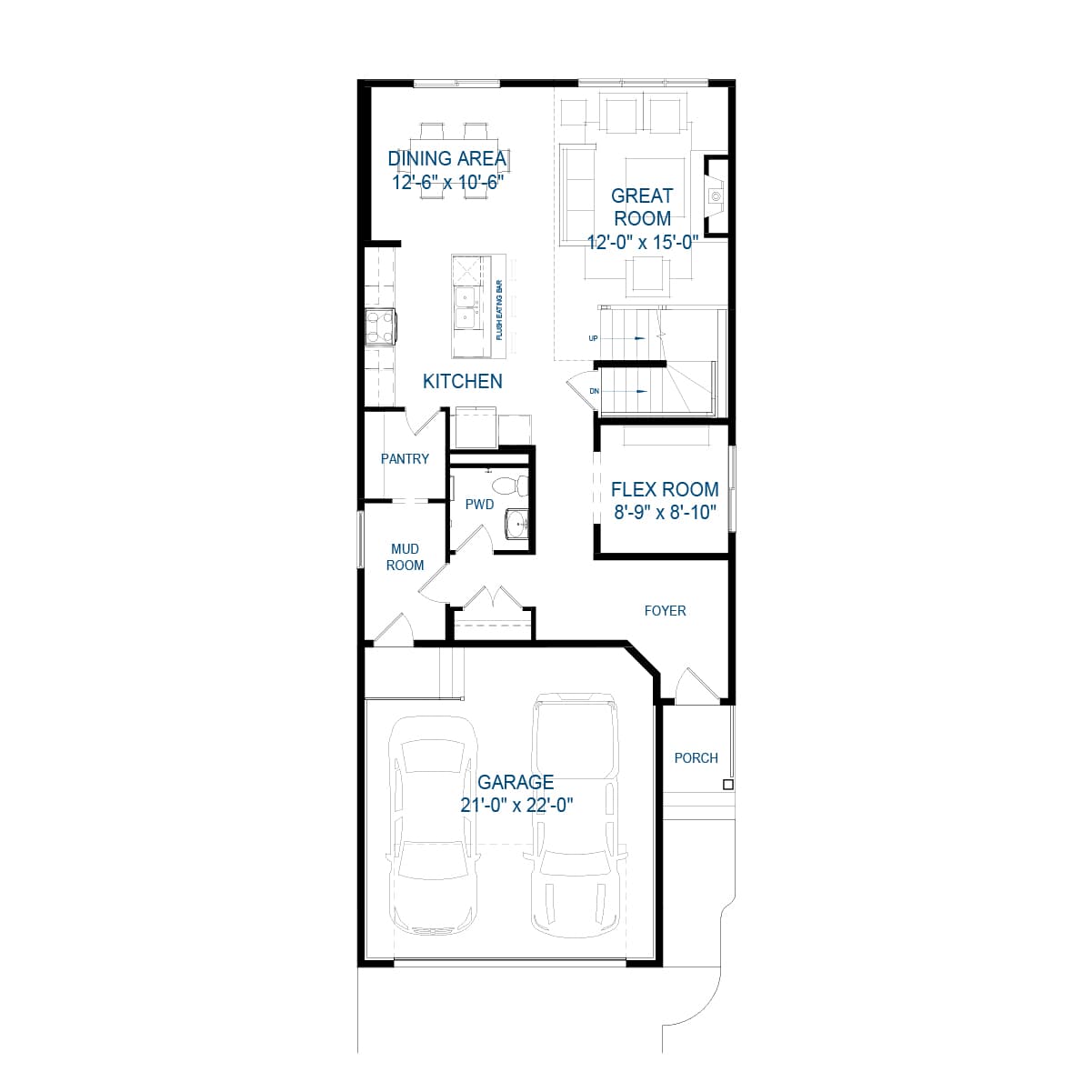 A black line drawing of the Savona 26 front garage model by Brookfield Residential