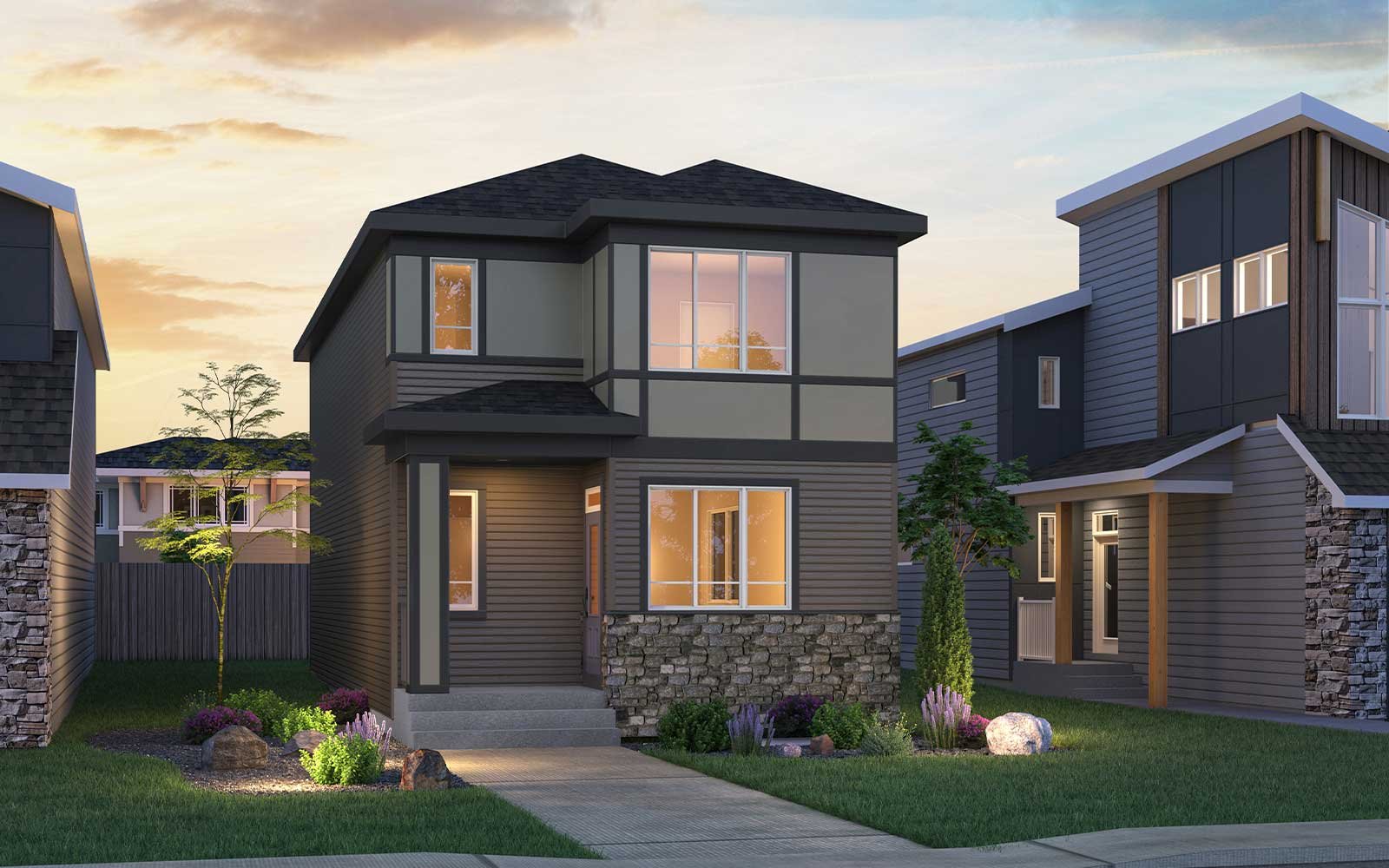 An exterior rendering of the Prairie style Portland model by Brookfield Residential