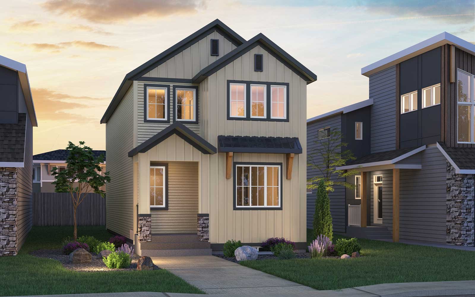 An exterior rendering of the Farmhouse style Portland model by Brookfield Residential