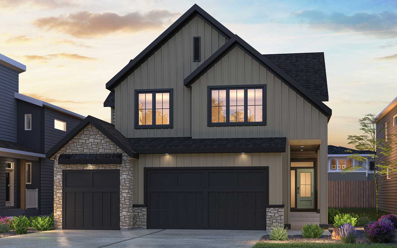 Matera 36 - Farmhouse An exterior rendering of the Farmhouse style of the Matera estate model by Brookfield Residential