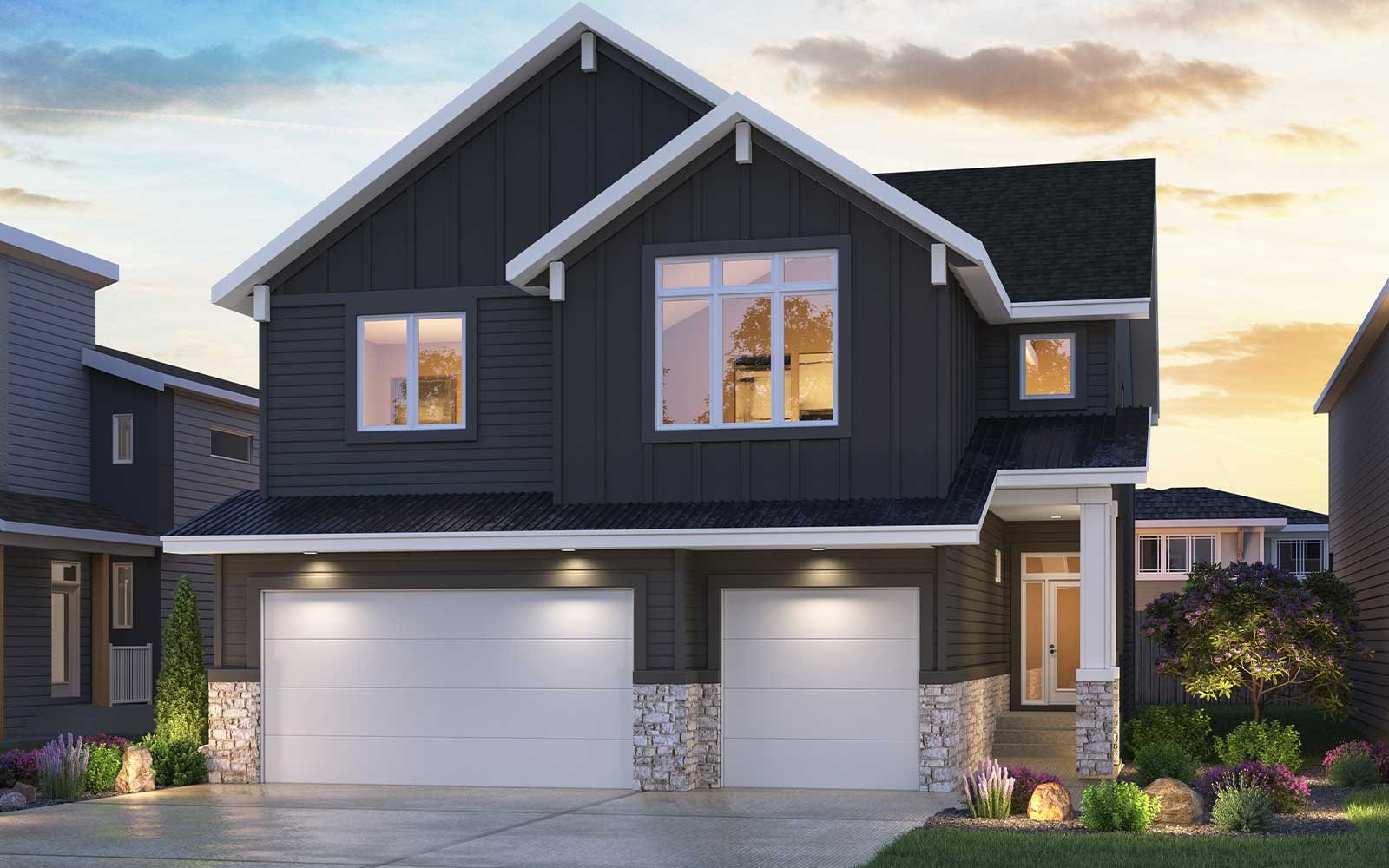 An exterior rendering of the Modern Craftsman elevation of the Palermo model by Brookfield Residential