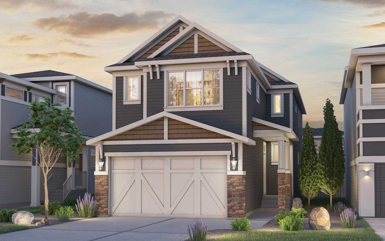A rendering of the Arts and Crafts exterior of the Purcell 2 - 26 model by Brookfield Residential