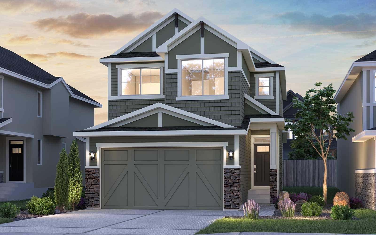 An exterior rendering of the Arts & Crafts style of the Rundle 2 - 26 model by Brookfield Residential