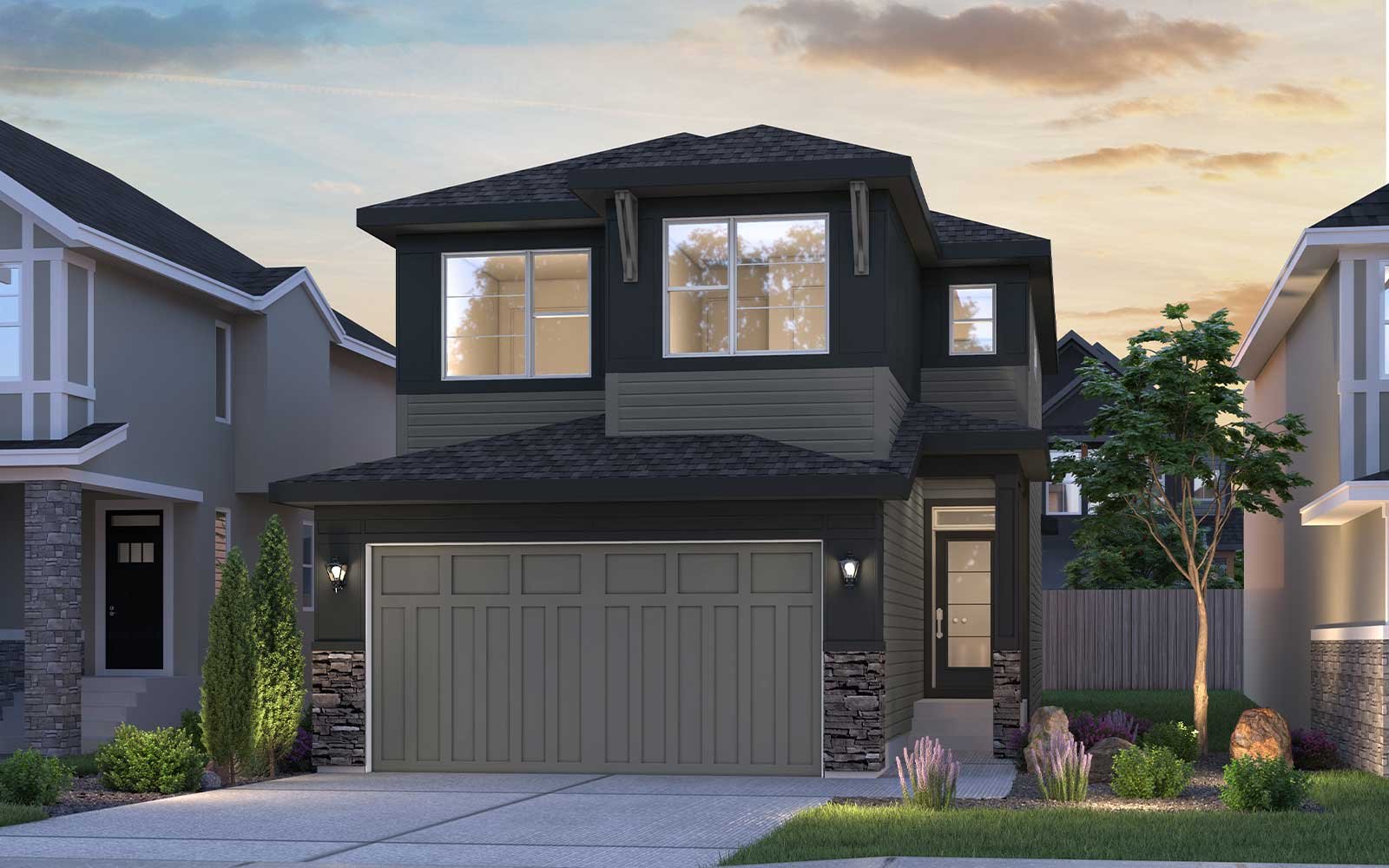 An exterior rendering of the Prairie style of the Rundle 2 - 26 model by Brookfield Residential