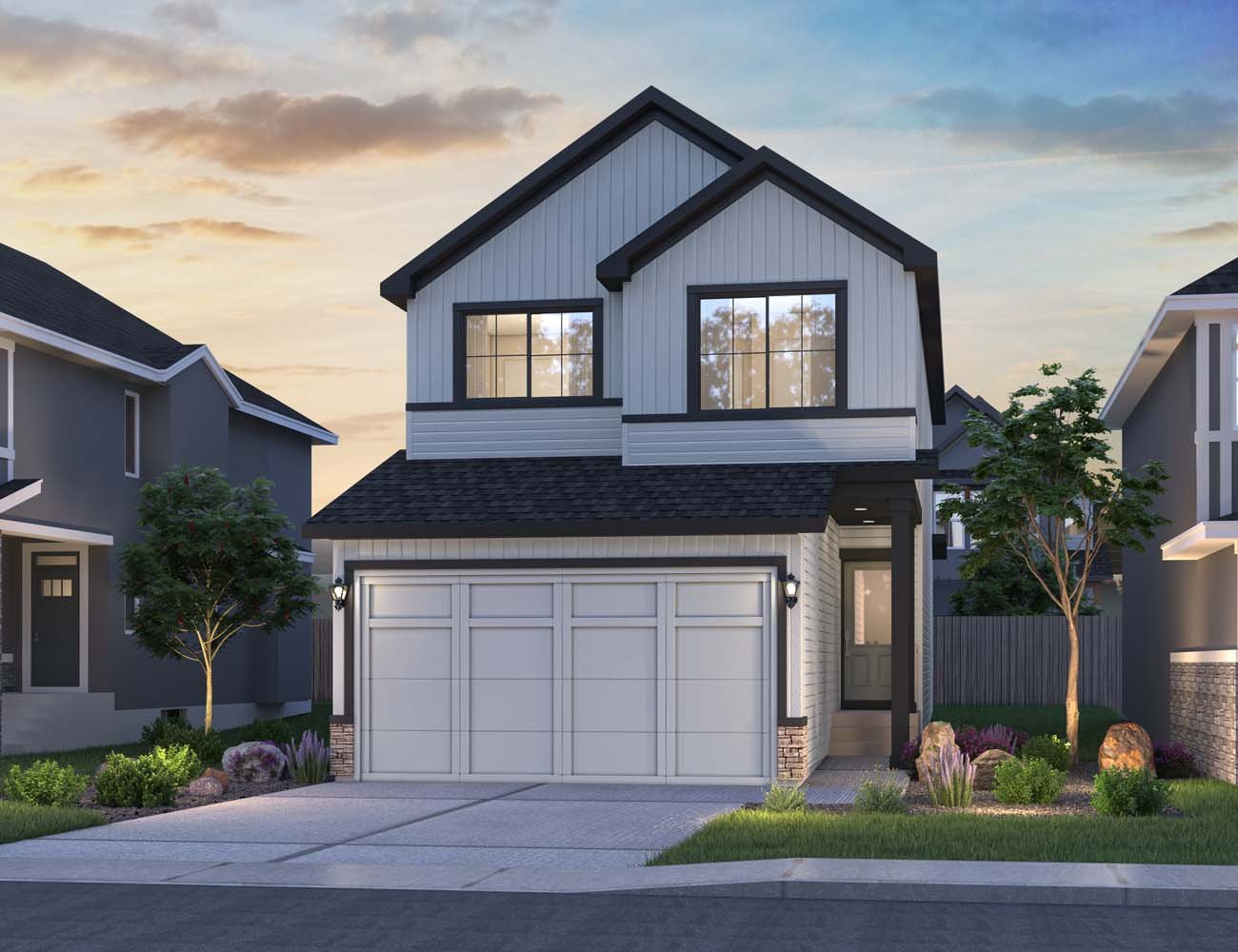 An exterior rendering of the Farmhouse style of the Rundle 22 model by Brookfield Residential