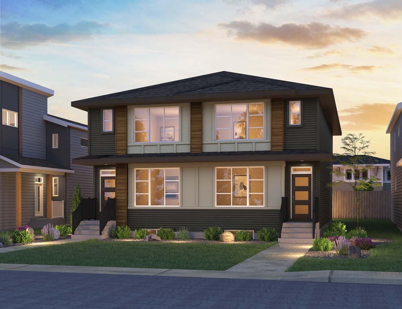 An exterior rendering of the Prairie style on an Alder home by Brookfield Residential