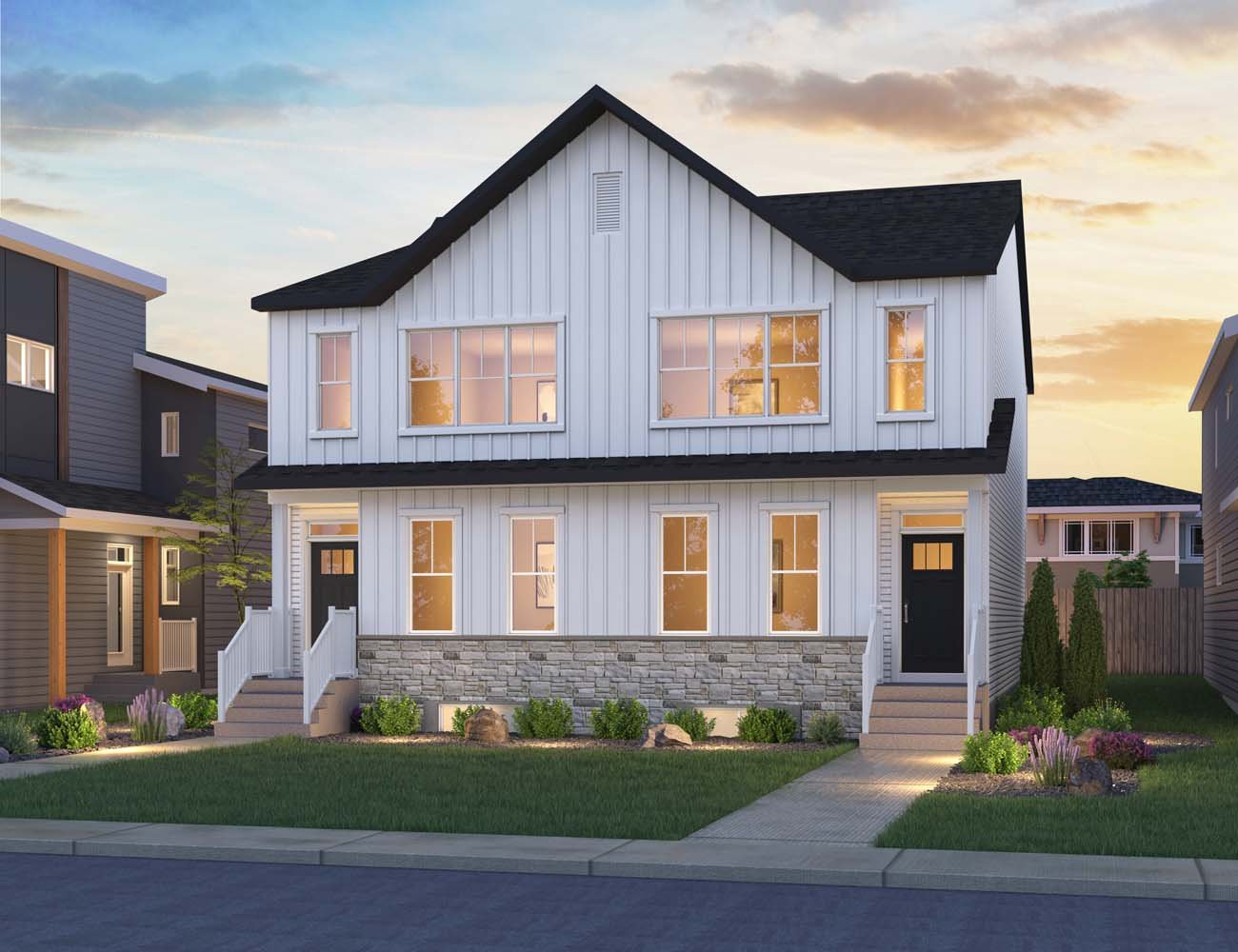 An exterior rendering of the Farmhouse style on an Alder home by Brookfield Residential
