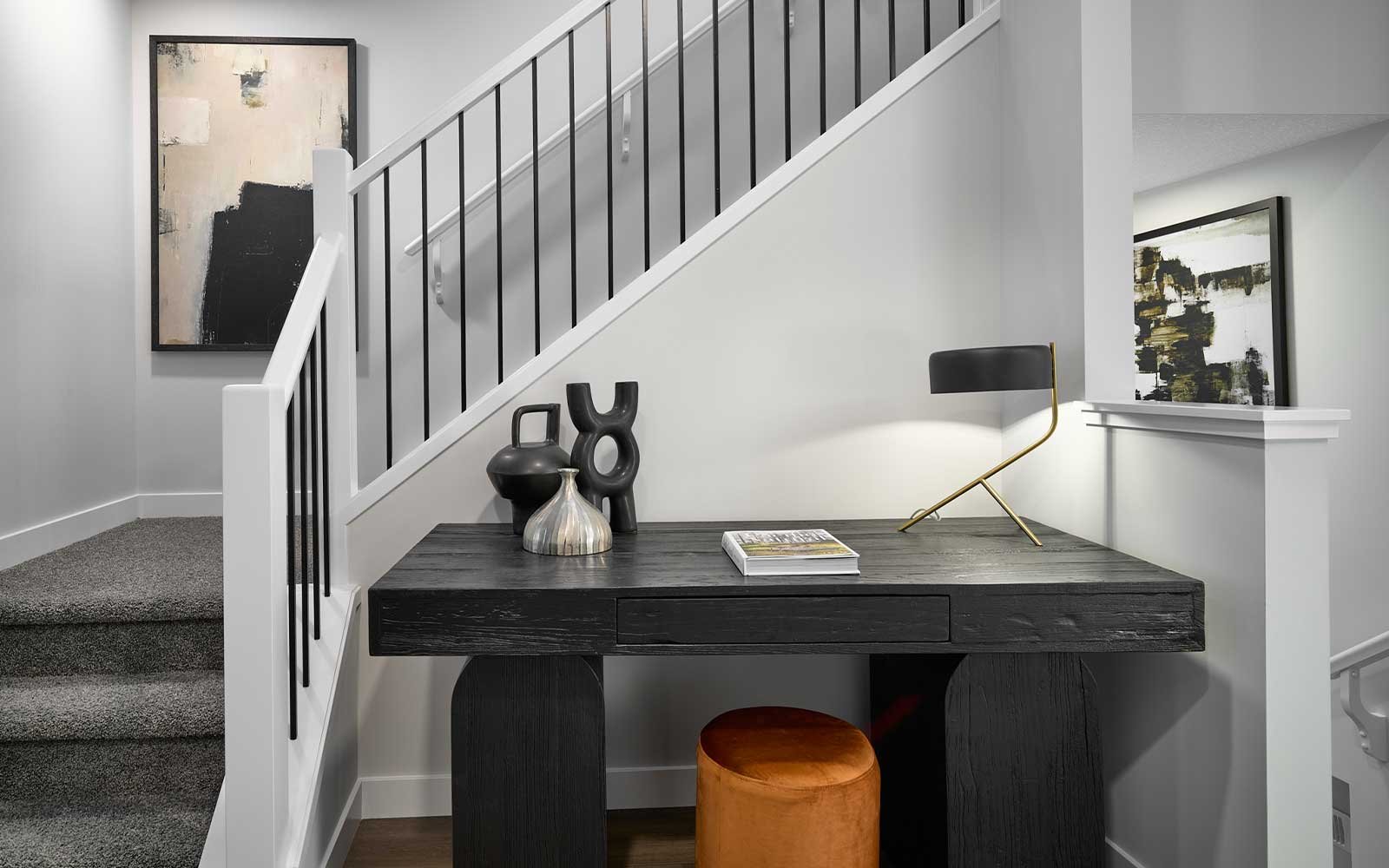 A photo of the staircase of the Wicklow show home in Calgary by Brookfield Residential