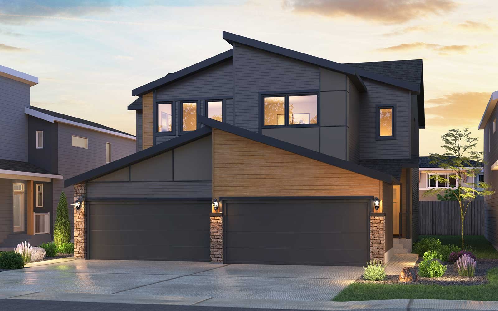 An exterior rendering of the Rustic Contemporary style of the Birch model by Brookfield Residential