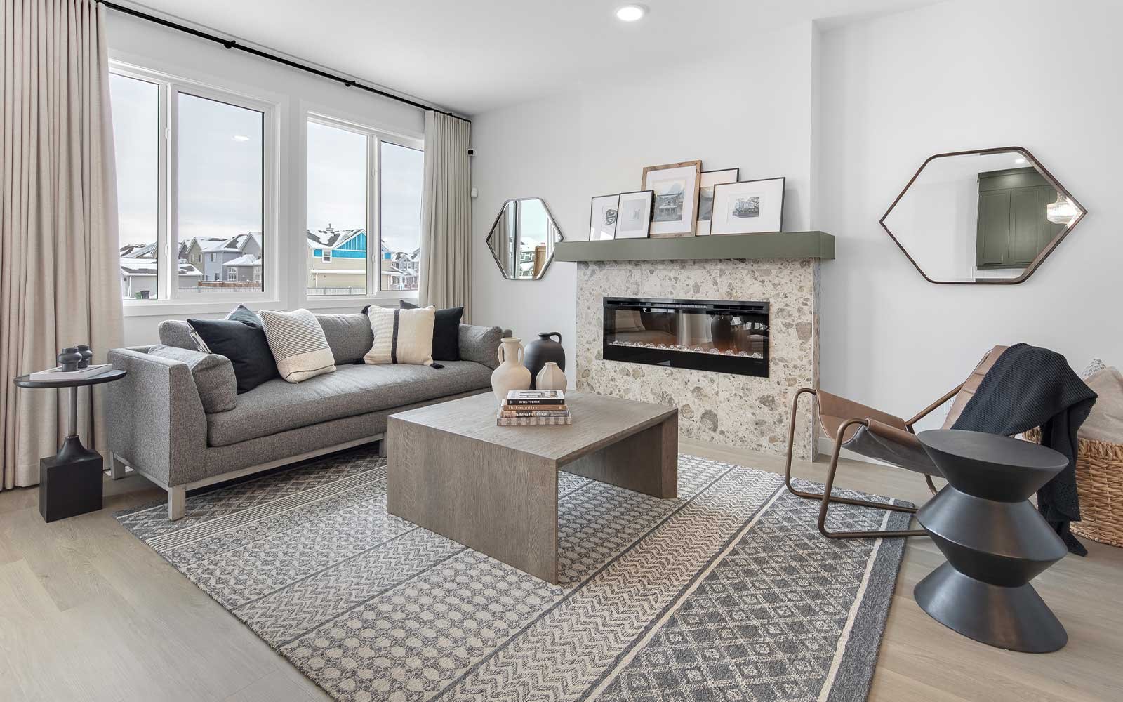 A photo of the great room of the MacKay show home in Edmonton by Brookfield Residential