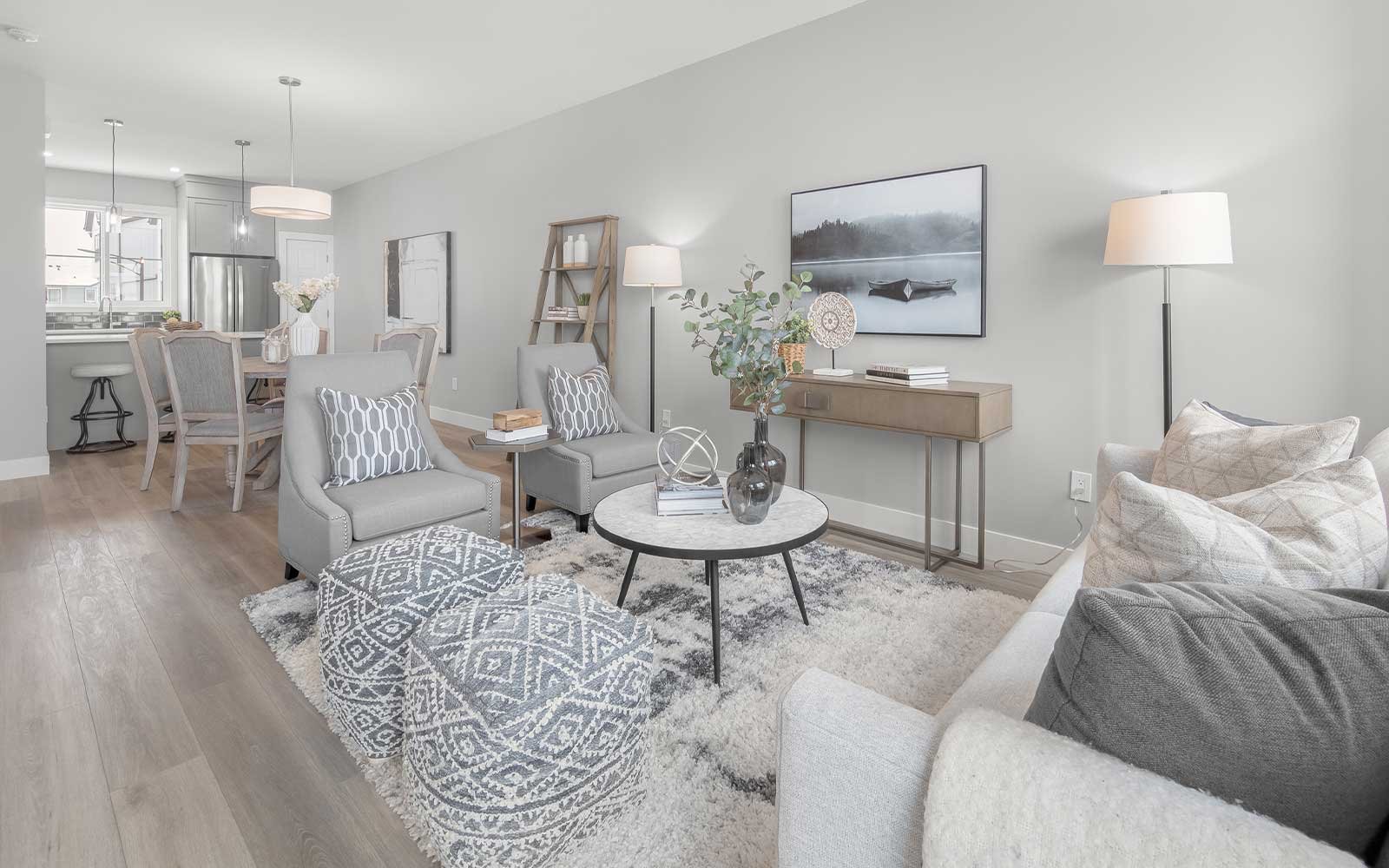 A photo of the great room in the Gillespie 2 show home at The Everly in Edmonton by Brookfield Residential