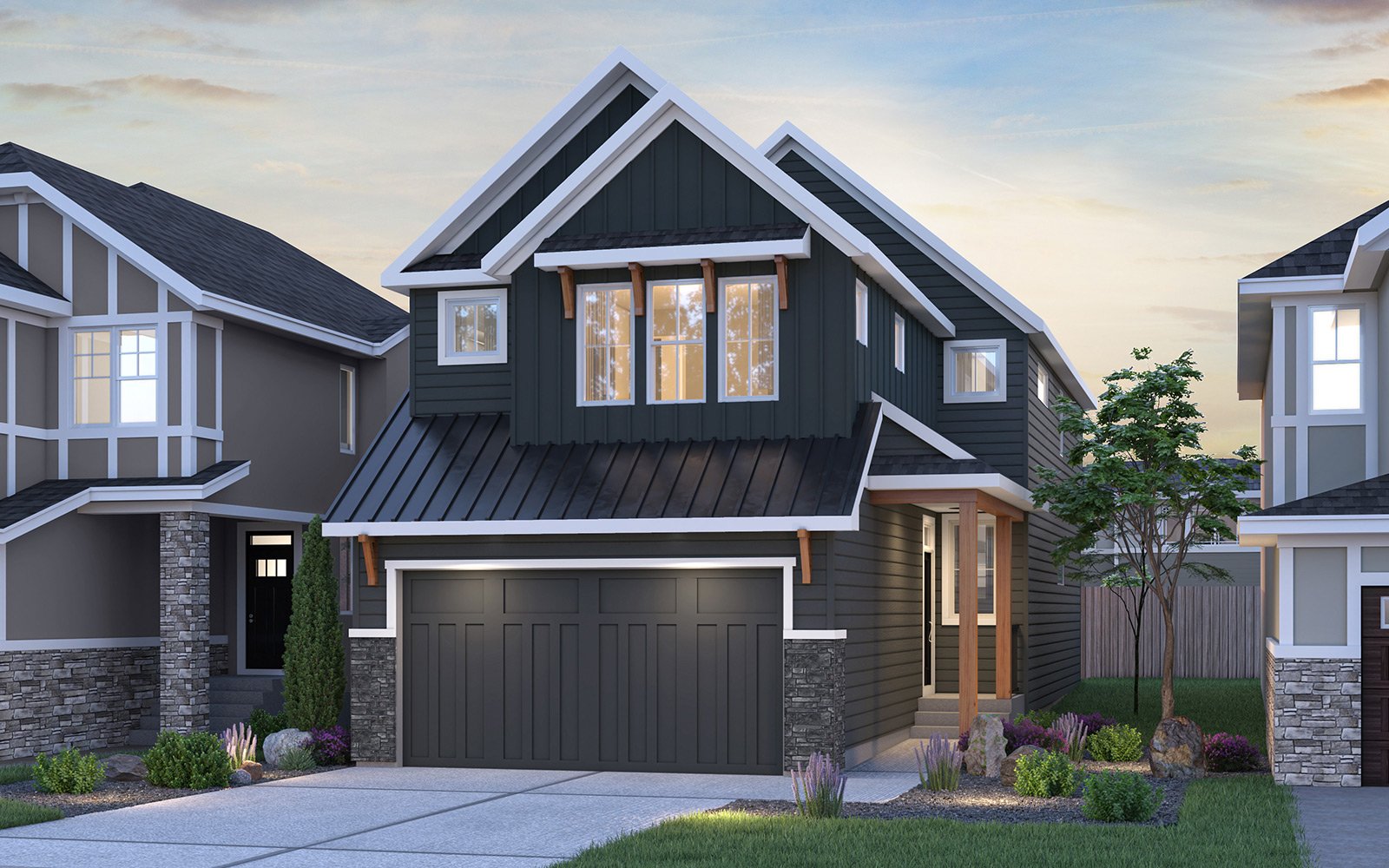 Farmhouse exterior rendering of the Purcell 24 in Edmonton by Brookfield Residential.