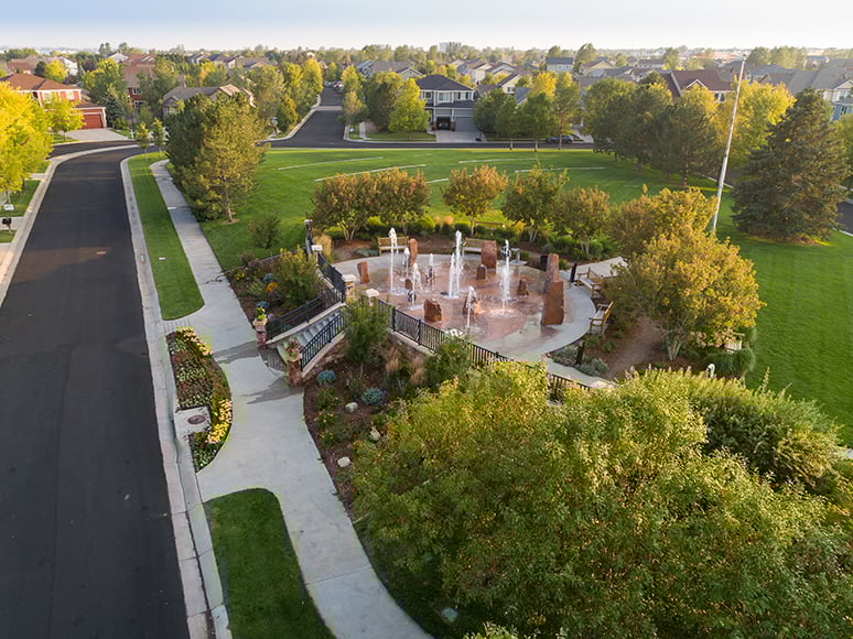 Aerial view of a water feature at Brighton Crossings in Colorado